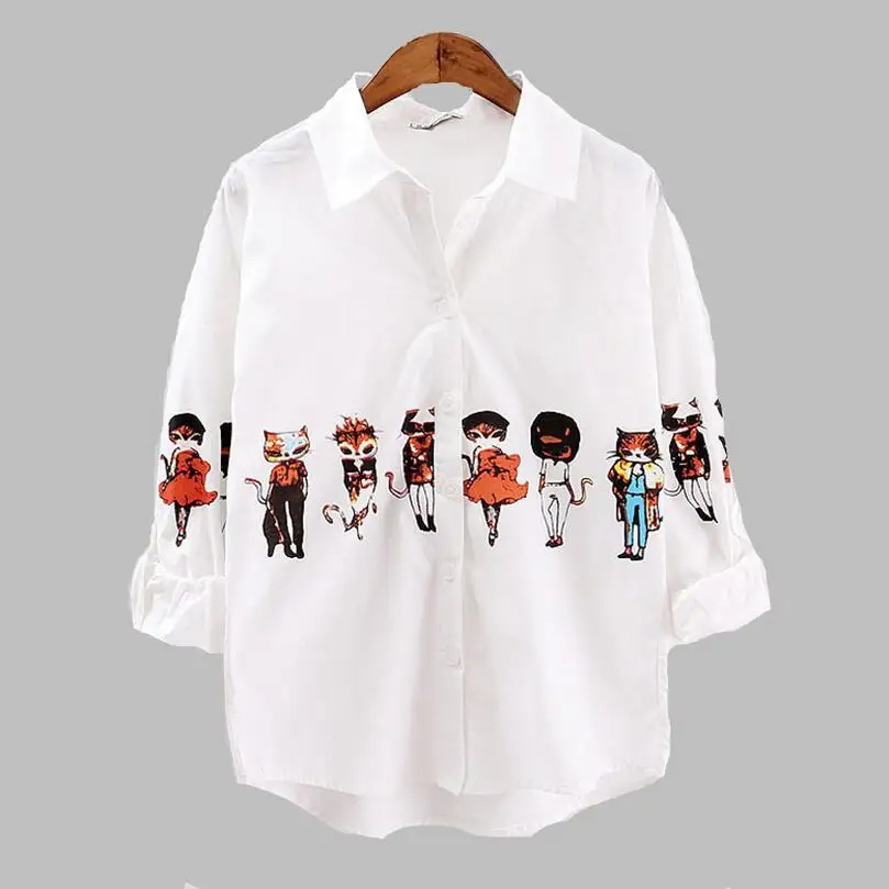 Cat Print Blouse Women Brand Design Long Sleeve Turn Down Collar Cotton