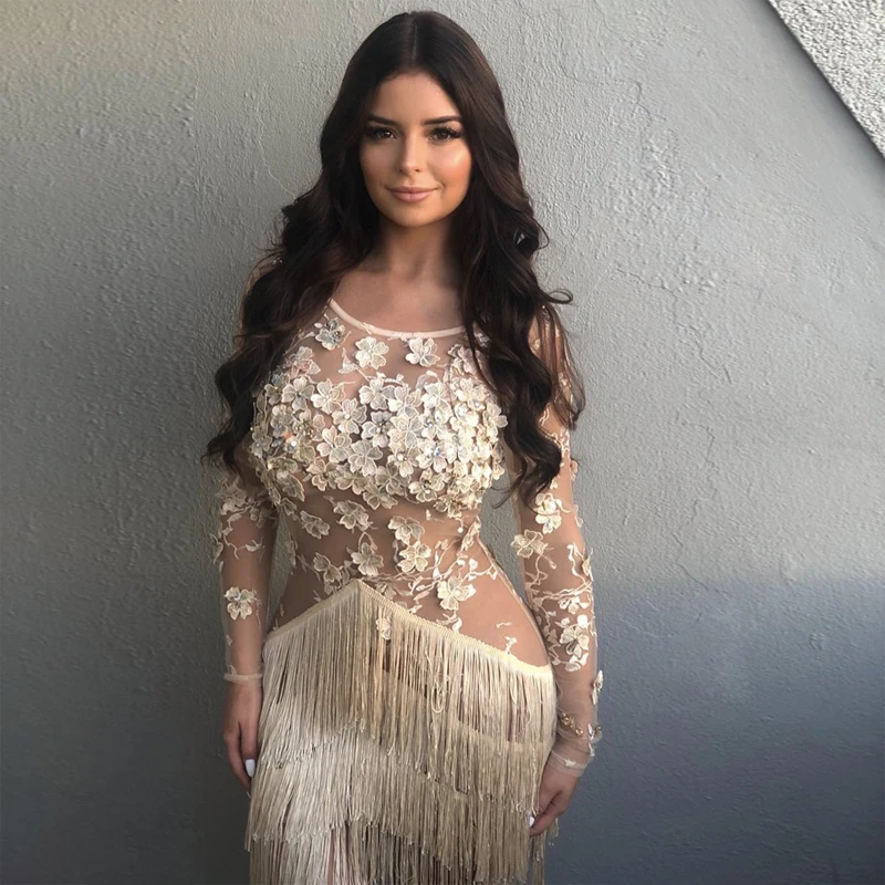 

Fashion Khaki Women Bandage Dress Autumn See Through Long Sleeve Bodycon Tassel Wedding Party Dress Beading Vestidso Wholesale