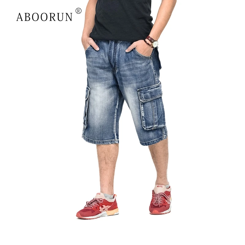 

ABOORUN Men's Loose Cargo Denim Shorts Multi Pockets Washed Jeans Shorts Plus Size 46 Summer Skateboard Shorts for Male R324