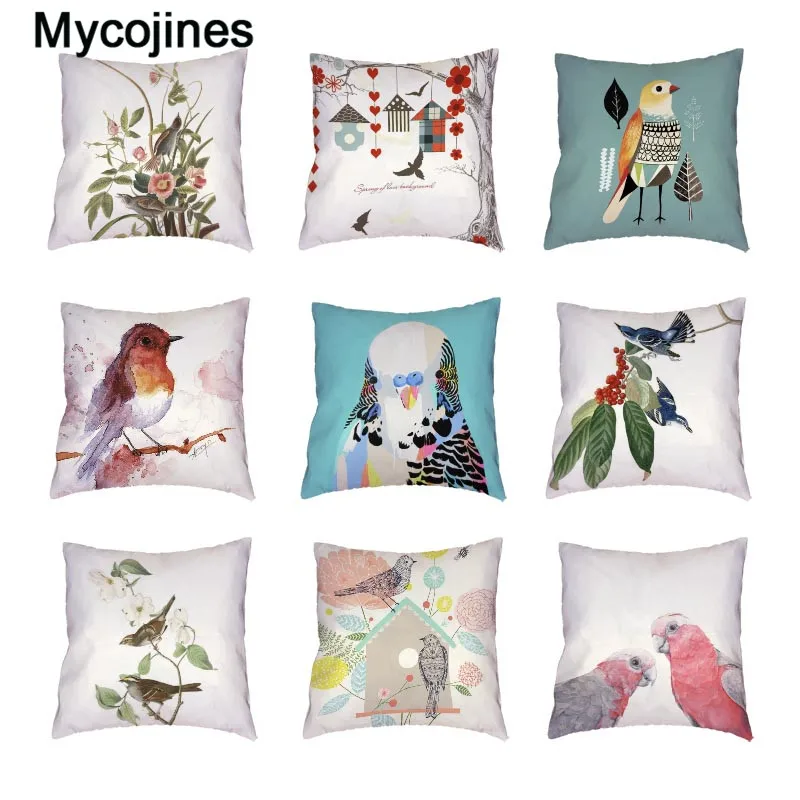

Popular Watercolor Bird Parrot White Cushion Cover Geometric Pattern Home Decorative Peach Skin Color Feather Throw Pillow Cases