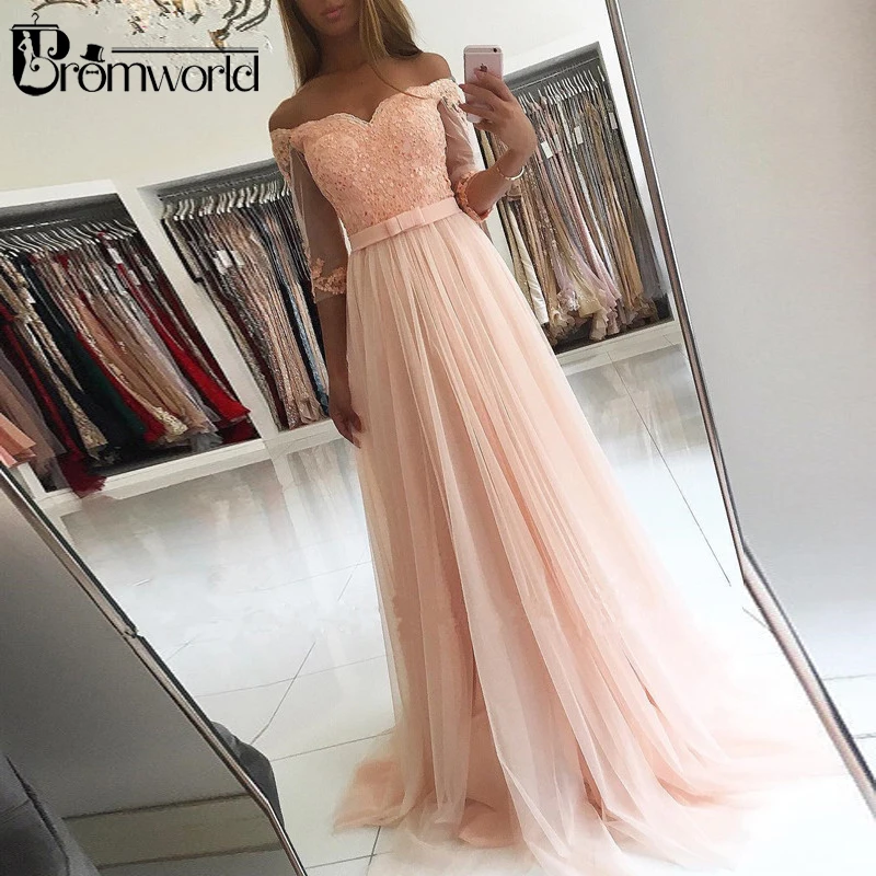Uit de Schouder Roze Prom Dresses 2019 A-lijn Lace Chiffon Party Maxys Prom Gown Half Mouw Avondjurken Robe De soiree Uit de Schouder Roze Prom Dresses 2019 A-lijn Lace Chiffon Party Maxys Prom Gown Half Mouw Avondjurken Robe De soiree