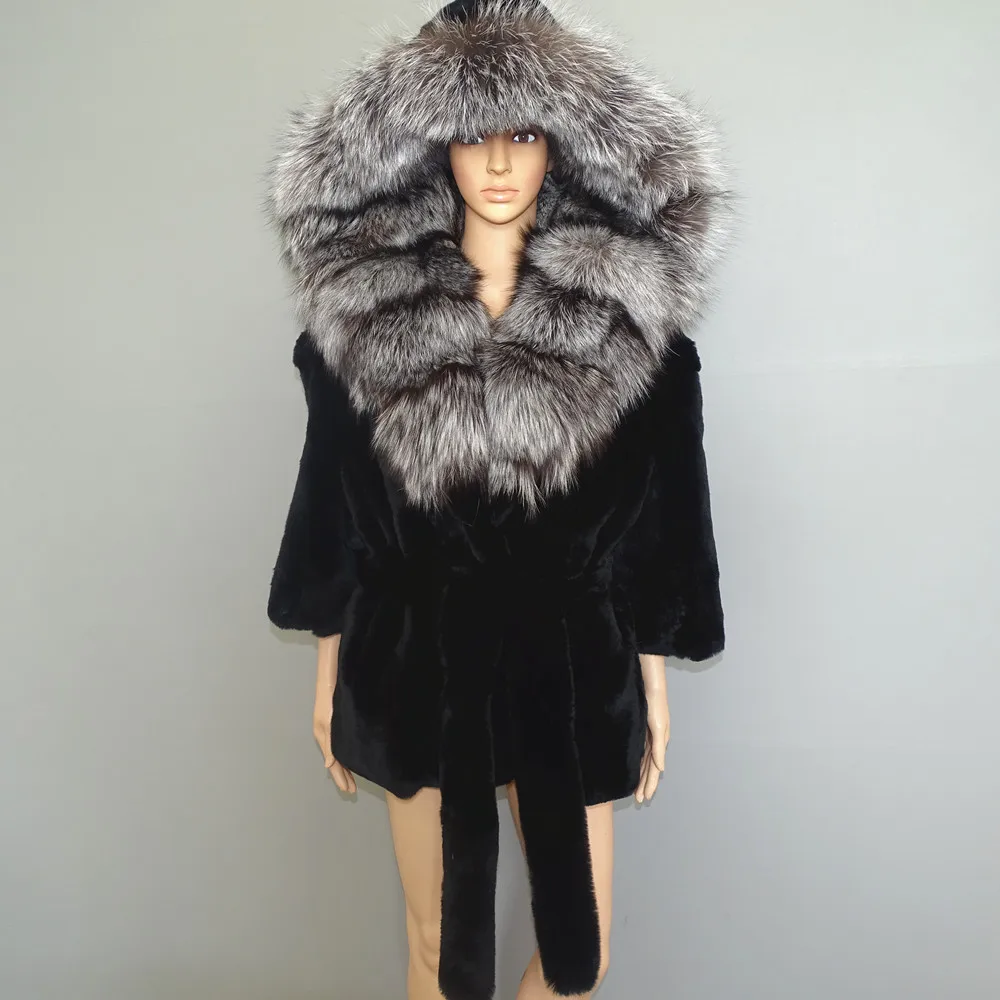 Настоящий мех кролика пальто женщин большой Лисий шляпа карман 100 - Цвет: Coat length 60 cm