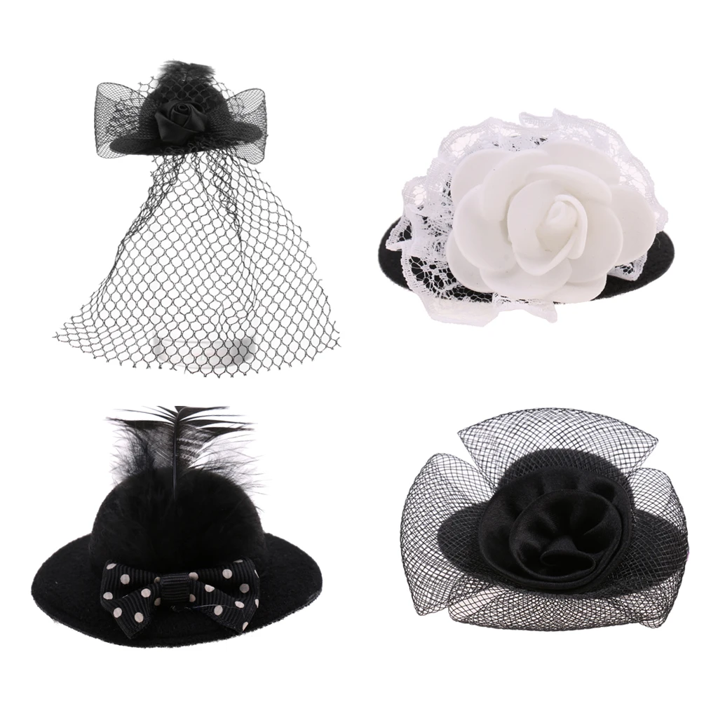 4Pcs Fashion New Lady Vintage Round Bowler Doll Hat Cap for 28-30cm   Doll Clothes Accs Black