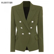 High Quality Newest 2019 Designer Office Lady Blazer Jacket Women's  Lion Metal Buttons Double Breasted Blazers Outer Coat Green
