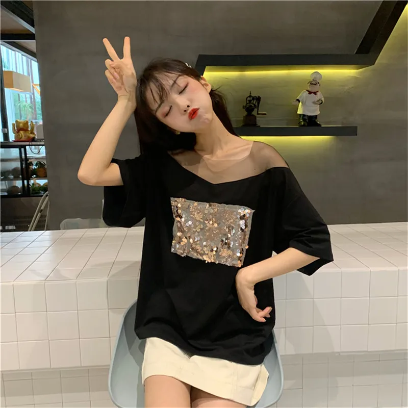 

Hiawatha Short Sleeve T-Shirt Women Ins Fashion Korean Style Mesh Patchwork Tops Summer Black Sequin T Shirts TX085