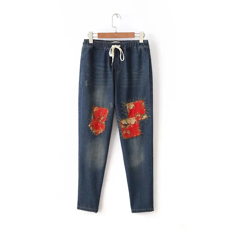 Free shipping casual women s national wind Japanese patch pockets elastic waist loose plus size denim