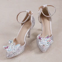Small Size 33 Glass Slipper Silver Crystal Wedding Shoes Bride Dress Shoes Elegant Show Catwalk Shoes Two-Pieces Big Size 40 41