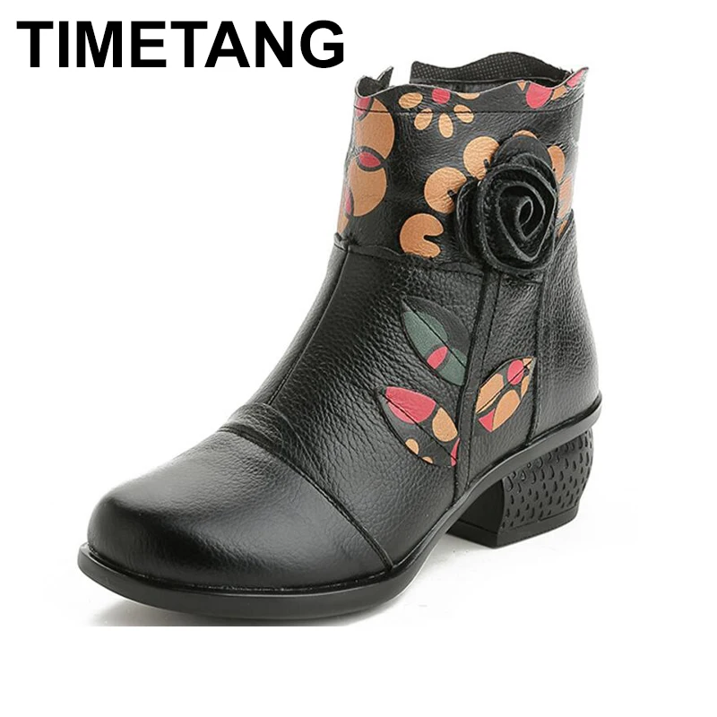 

TIMETANG 2018 new winter cowhide Flowers printing leather shoes women fashion shoes ankle boots Warm comfortable snow boots