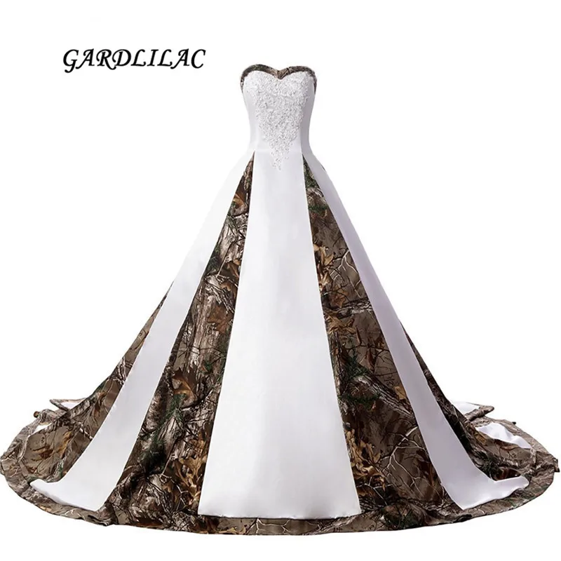 

2017 New Real Pictures Sweetheart White Satin Camouflage Wedding Dresses 2017 Strapless Plus Size Bridal Gown with Appliques