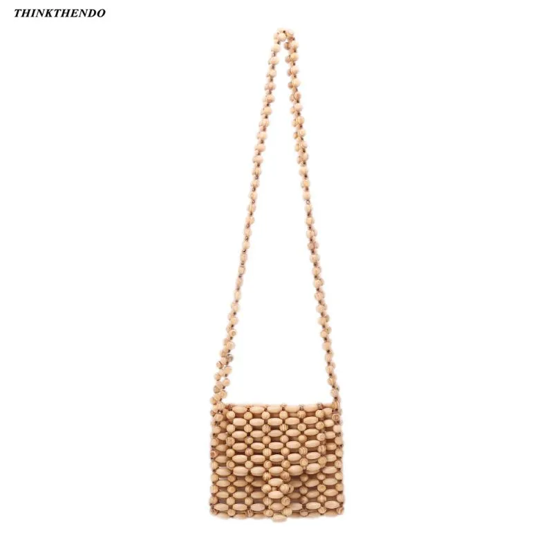

Women Wooden Bead Shoulder Strap Vintage Beach Bags Totes Ladies Summer Purse Bag THINKTHENDO 2019 New