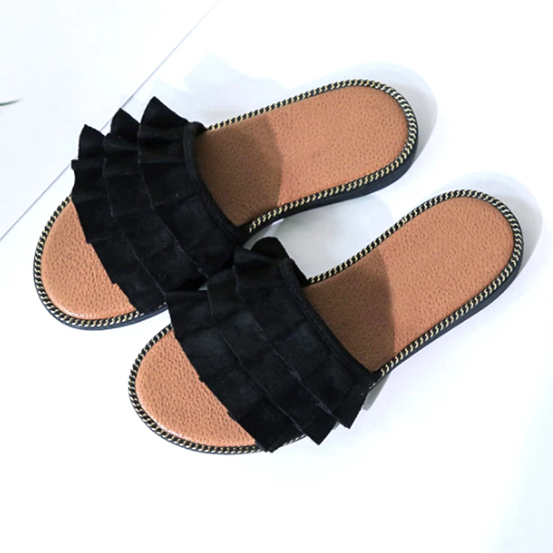 Для женщин Летние тапочки модные оборками из искусственной кожи пляжные тапочки на плоской подошве вьетнамки на нескользящей подошве женские шлепанцы и сандалии 7N0249