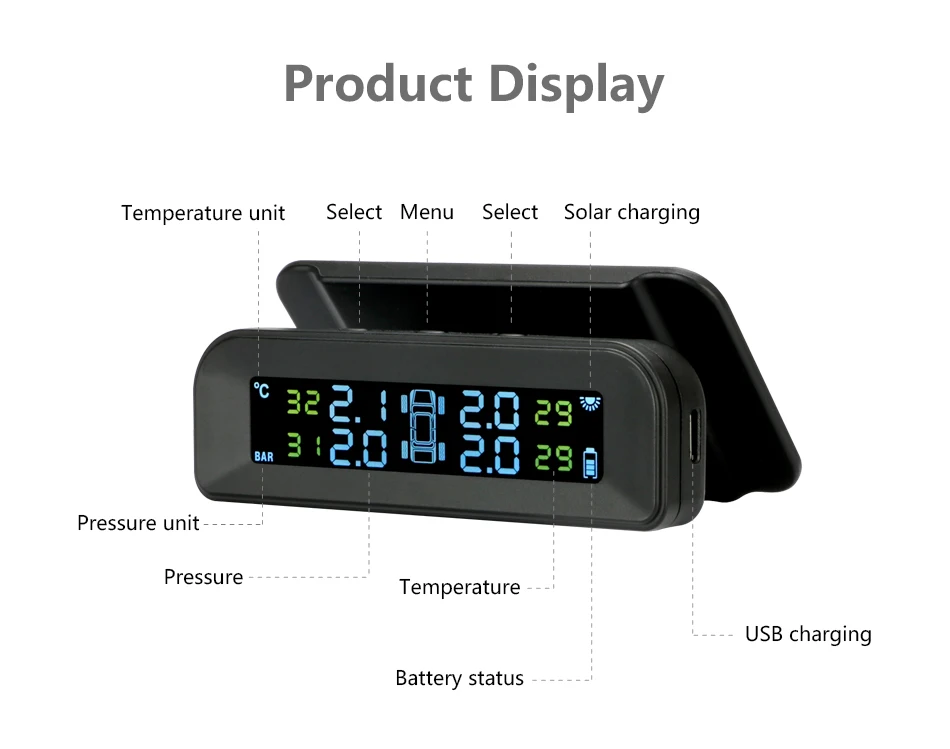 Jansite TPMS автомобильная система контроля давления в шинах, мульти-регулируемый угол, прикрепленный к стеклу, беспроводная Солнечная энергия Tpms с 4 датчиками