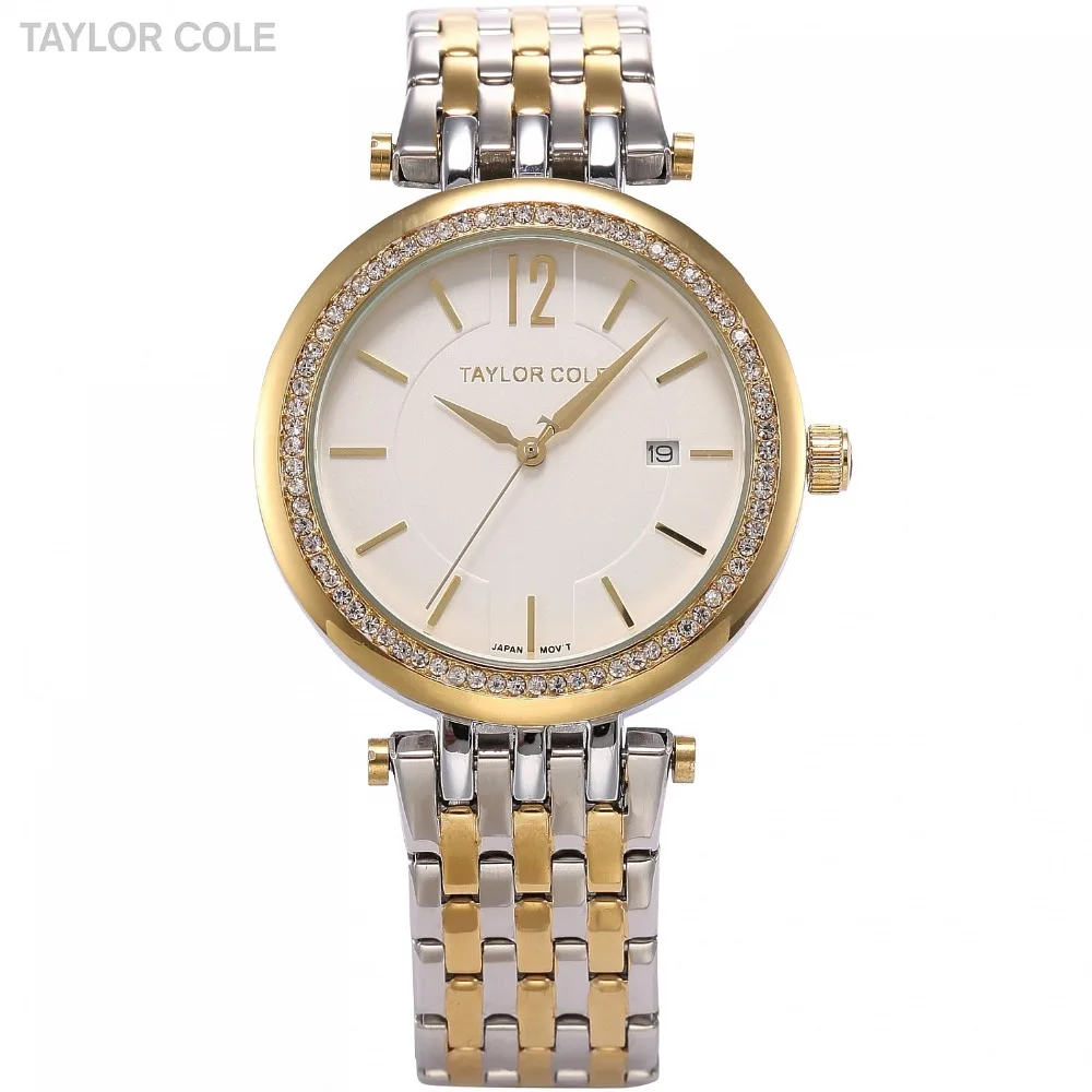 Taylor Cole Relogio Brand Dress Watches Gold Silver Full Steel Strap Rhinestone Date Quartz Horloge Dames Women Watch Gift/TC014