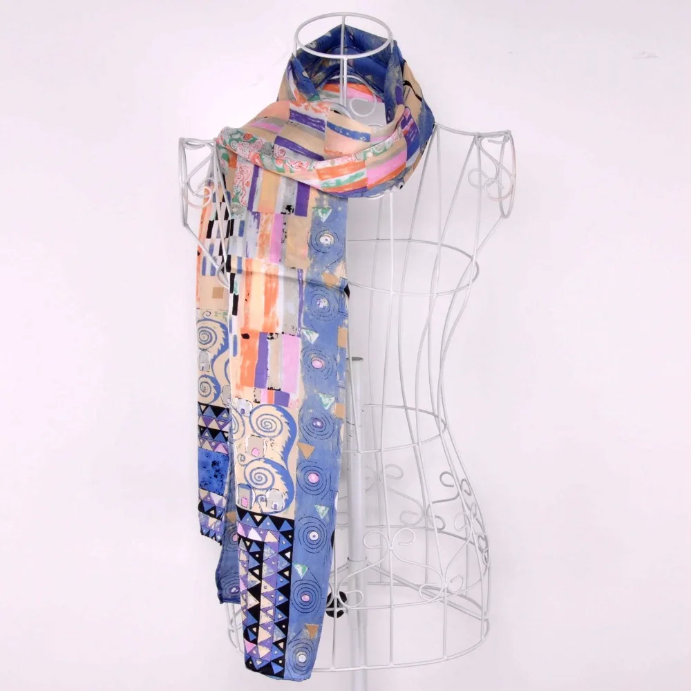 Модный дизайнерский бренд для женщин шаль шелковый шарф масло картина, художественное творчество Густав Климта "Fregio Stoclet" ручной работы отворотом