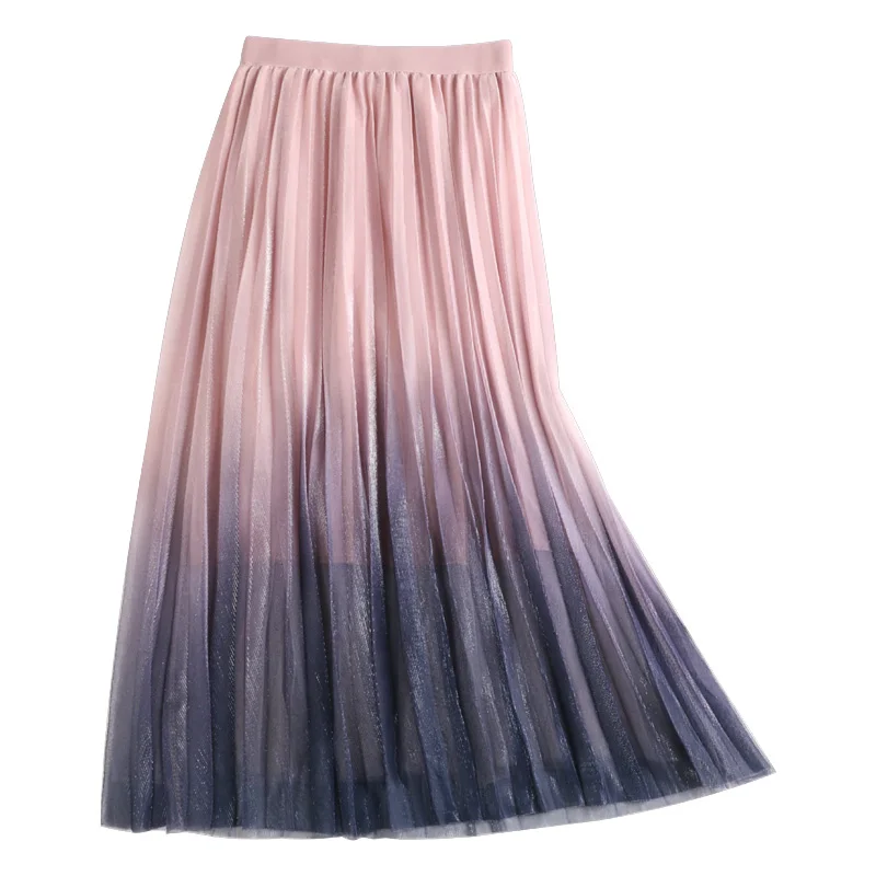 

Faldas Mujer Moda 2019 New Summer Womens Pleated Skirt Gradient Reflective Fairy Maxi Skirt for Women Casual Loose Jupe Femme