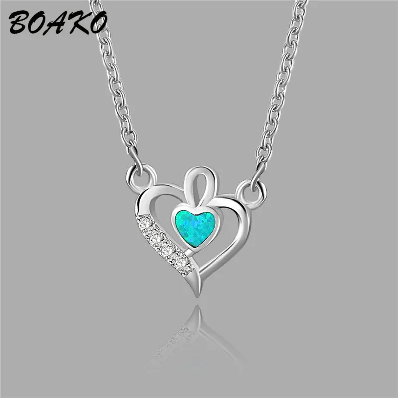 

BOAKO Fashion Love Heart Pendant Necklace for Women Girls Jewelry 100% 925 Sterling Silver Crystal Necklace Short Chain Collares