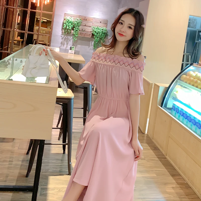 pink Летнее Новое Модное шифоновое платье с вышивкой и вырезом лодочкой с коротким рукавом для беременных с высокой талией, богемное платье для беременных женщин - Цвет: pink