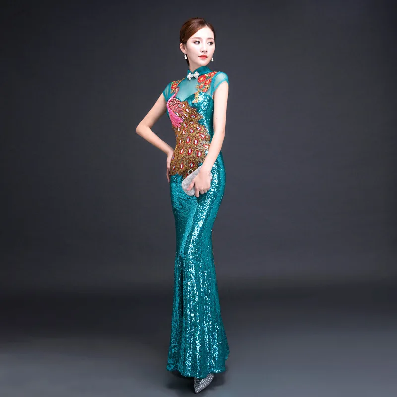 Невесты Cheongsam длинное современное Qipao кружевное сексуальное зеленое китайское Восточное стильное платье традиционное свадебное платье Женская мода S-3XL