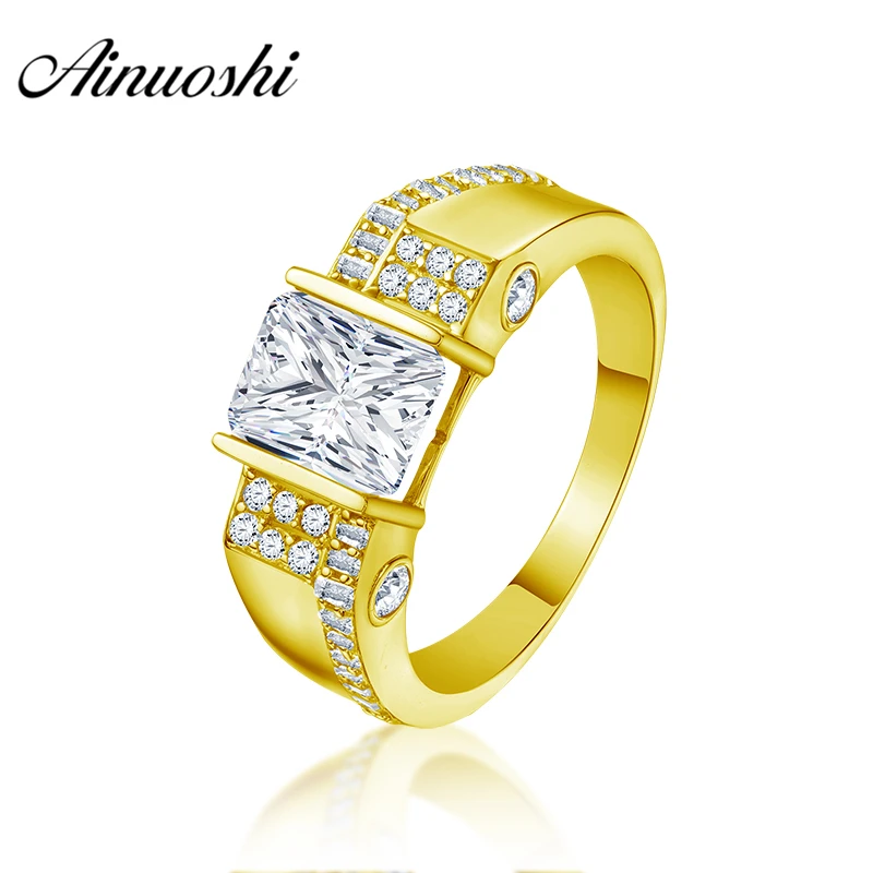 

AINUOSHI Luxurious 10K Solid Yellow Gold Men Band 2.5CT Rectangle Cut Ring Engagement Wedding Male Jewelry 4.2g Wedding Men Band