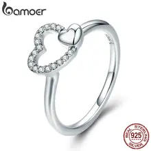 BAMOER 100% 925 Sterling Silver Romantic Heart to Heart AAA CZ Dangle Finger Ring for Women Wedding Engagement Jewelry SCR277