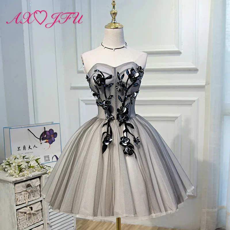 

AXJFU Noble elegant evening dress sexy bra birthday short new Party Princess sweet evening dress black flower evening dress