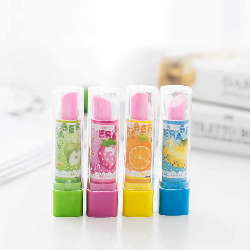 2pcs Kawaii Lipstick Shape Erasers Cartoon Rubber Fruit Print Eraser