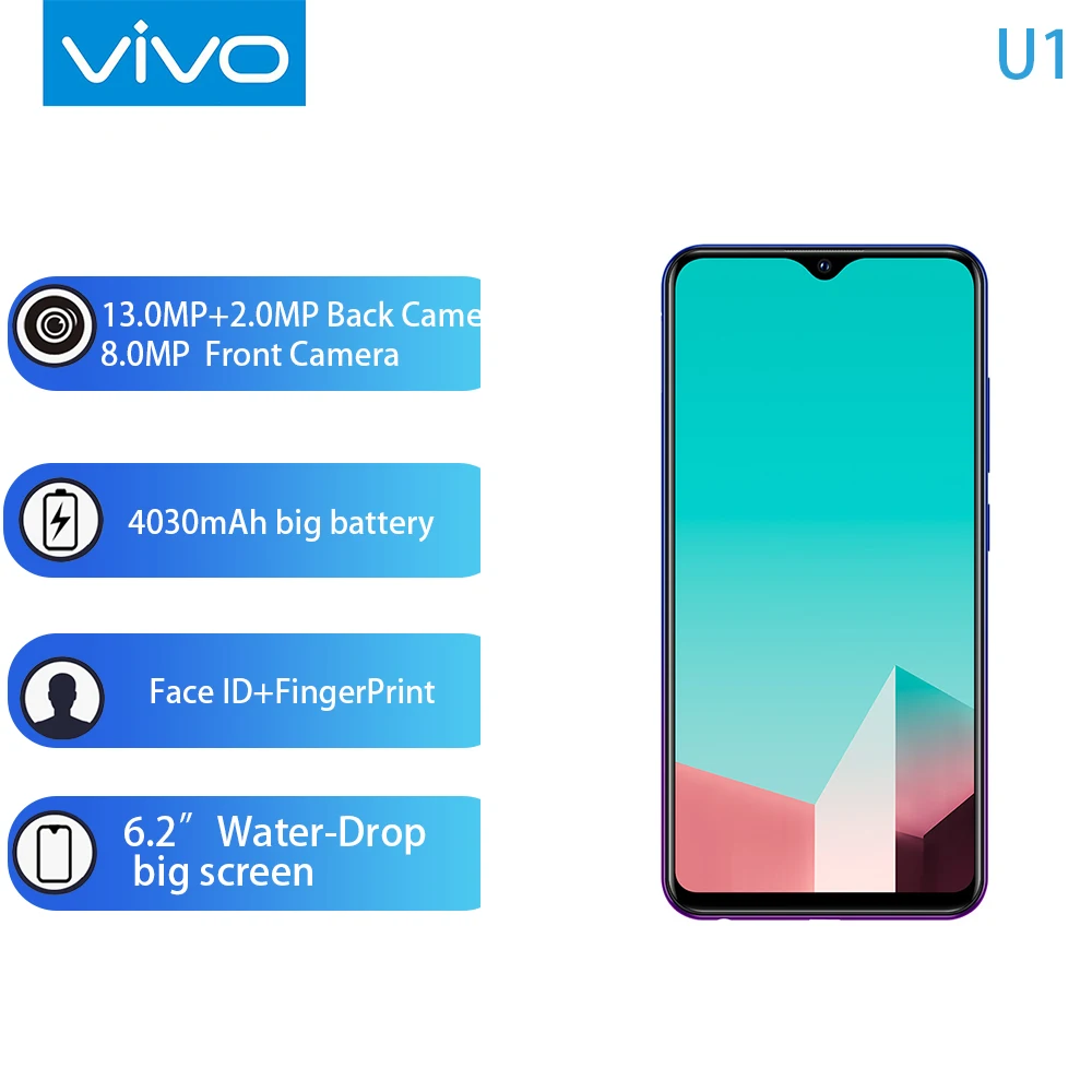 Оригинальный мобильный телефон vivo U1 6,2 дюймовый экран 4 ГБ ОЗУ 64 Гб ПЗУ Восьмиядерный процессор Snapdragon 439 Android 8,1 4030 мАч сотовый телефон с больш...