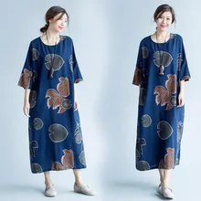 2017 Spring New Plus Size Women Folk Style Long-sleeved Retro Goldfish O-Neck Cotton Linen Printed Dress Vintage Dress Vestidos