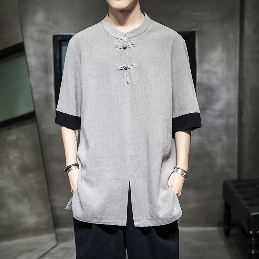

2019 Womail Cotton Linen Color Collision Patchwork Medium Length T-Shirt Tops Button Beach Shirts high quality L0619