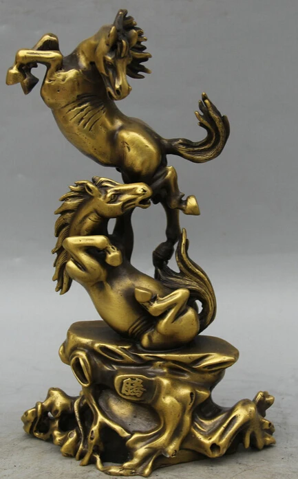 

Free Shipping JP S0524 10" Chinese Folk Copper Two Successful Horse Work Together Up Statue sculpture