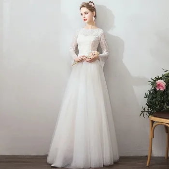 

2019 Sexy O-neck Floor length Long Zipper Long Sleeves Lace Embroidery Beach Wedding Dress Real Photo Wedding Gown