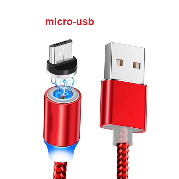 Магнитный USB кабель для быстрой зарядки мобильного телефона Micro type C Шнур для iPhone XS XR 8 7 samsung S10 S9 Xiaomi светящееся магнитное зарядное устройство - Color: red - micro
