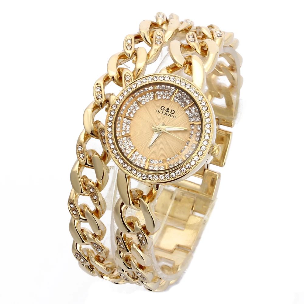 G& D золотые роскошные женские часы-браслет Женские кварцевые наручные часы стразы из нержавеющей стали Reloj Mujer Relogio Feminino