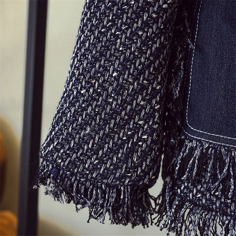 buy  Luxury Designer Brand Jacket for Women Fashion Denim Stitching Sapphire Blue Multi Pocket Tassel Tw
