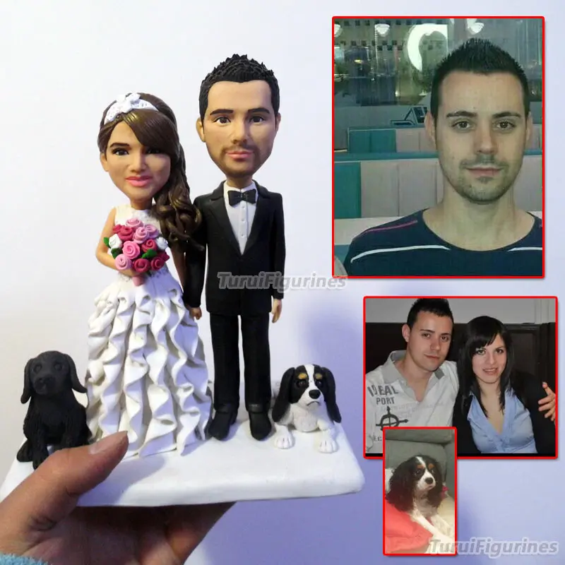 

Precious Moments Wedding Cake Topper Statue with two dog Custom Bride Groom Stablemate animal Wedding Cake Topper personalised