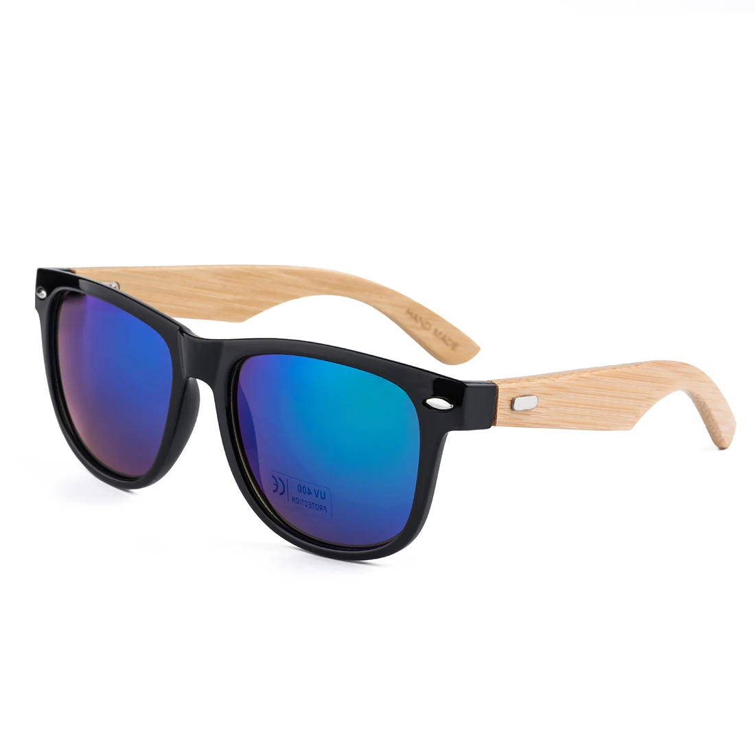 

New Vintage Black Square Sunglasses With Bamboo Legs Mirrored Polarized Summer Style Travel Eyewear Wood Box