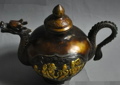 

S0541 8"chinese myth bronze gilt 8 god seat dragon lucky Statue Flagon Teapot Wine Pot