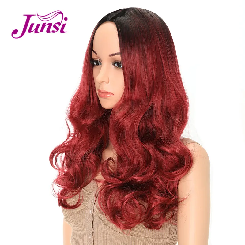 JUNSI Длинные Косплей синтетический парик Красный Черный Омбре фиолетовый парики для женщин вьющиеся Высокая температура волокна волос