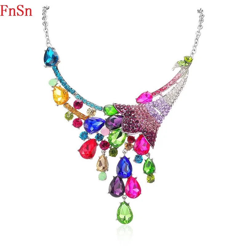 

FnSn New2017 Hot Summer Peacock Necklace Choker Colorful Crystal Women Zinc Alloy Gift Fashion Animal Jewelry Collier Sale N120