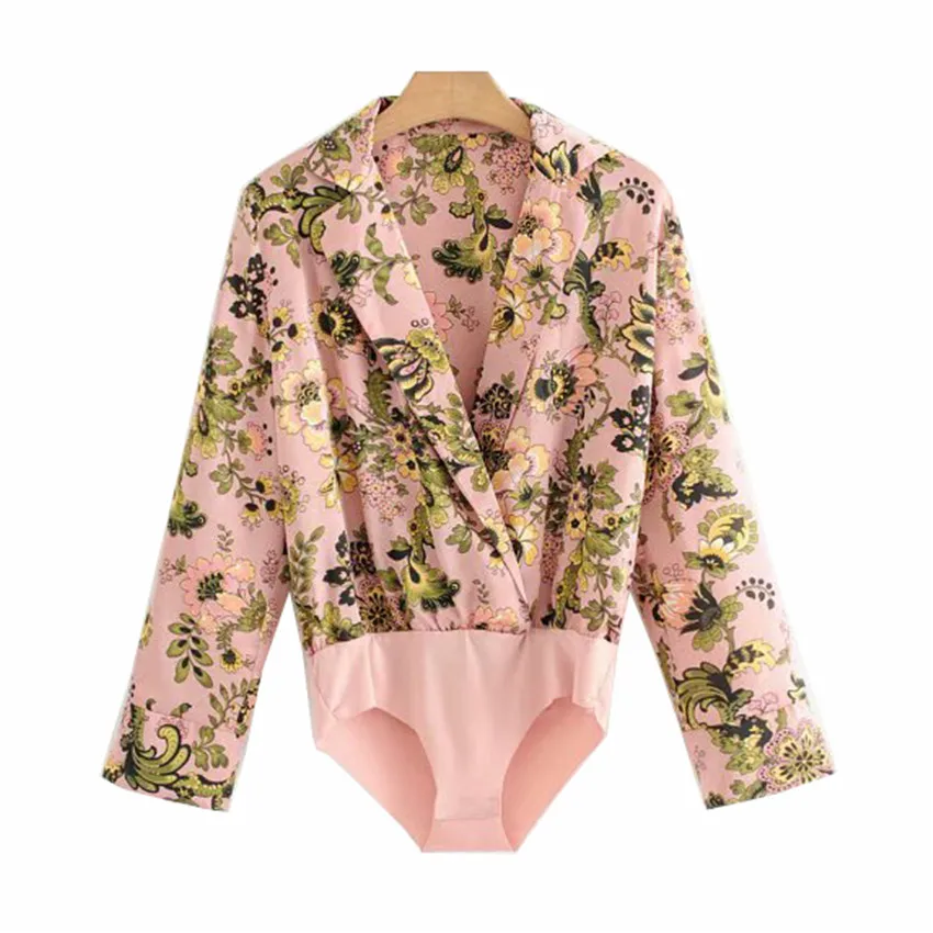 

Women style floral shirt print pink bodysuit long sleeve playsuit elastic waist retro blouse fashion casual tops blusas