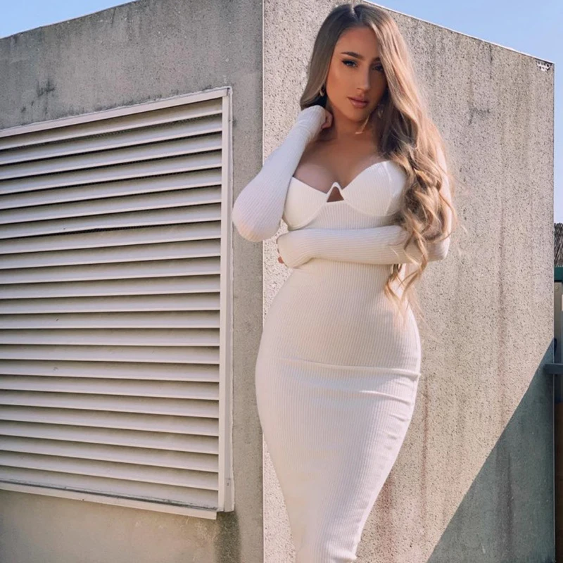 

2019 New Ribbed Strapless Sexy Party Dress Women Long Sleeve V-Neck Sheath Long Dress Summer Solid Cotton Casual Bodycon Dress
