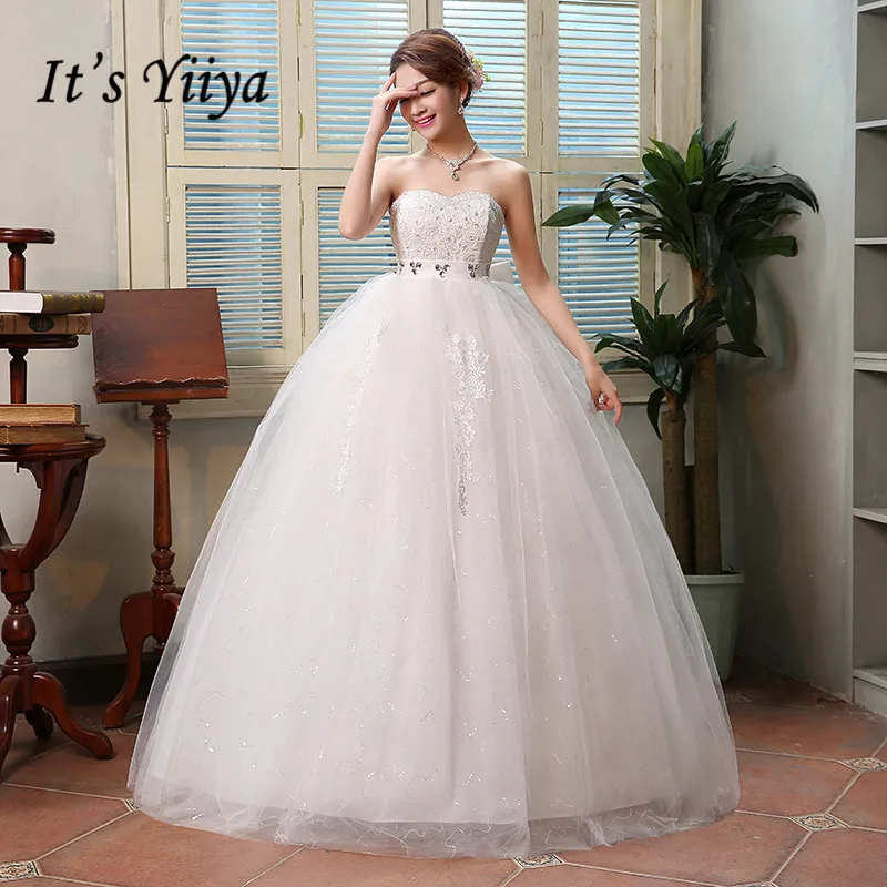 

It's YiiYa Wedding Dress Back Bow Design White wedding dresses Bridal Sleeveless Crystal Strapless Princess Ball Gown HS128