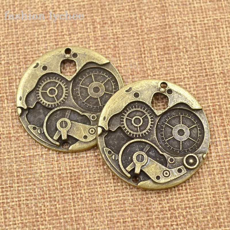 

fashion lychee 2pcs 38mm Antique Bronze Color Round Wheel Gear Charms Vintage Cog Pendants Steampunk Diy Accessories
