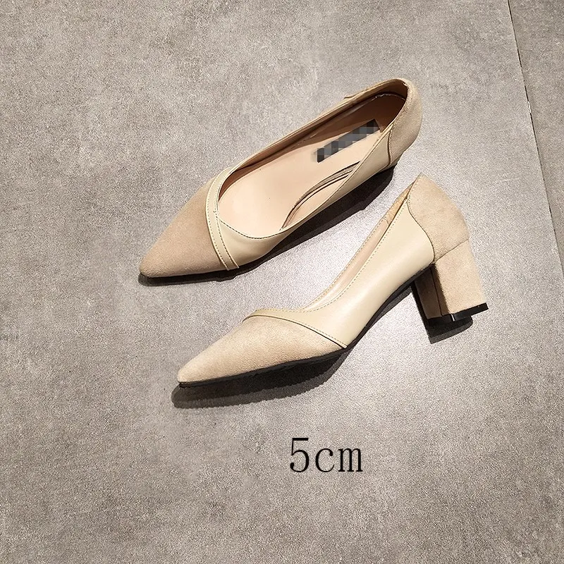 

EOEODOIT Women Pointed Toe Leather Patchwork Pumps Fashion OL Office Style Med Square Heels Shoes Slip On Spring Autumn
