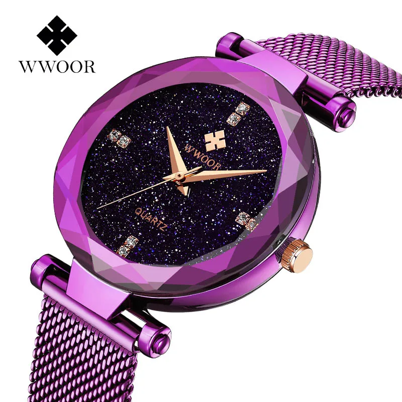 

WWOOR Women Dress Watches New unique design purple Luxury Brand Ladies Bracelet Quartz Watch Stainless Steel Mesh Band Casual