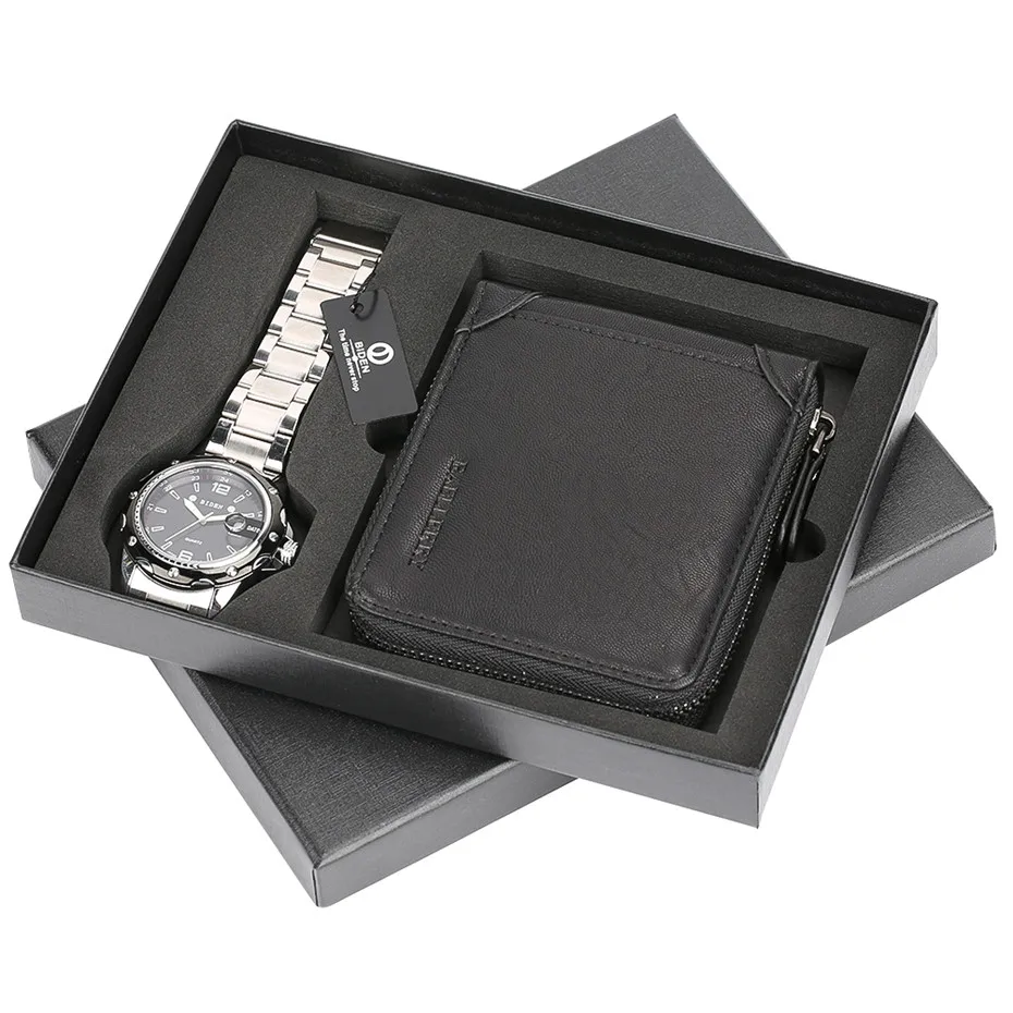 Mens Wrist Watch with Leather Men Black Wallet Holder Luxury Brand