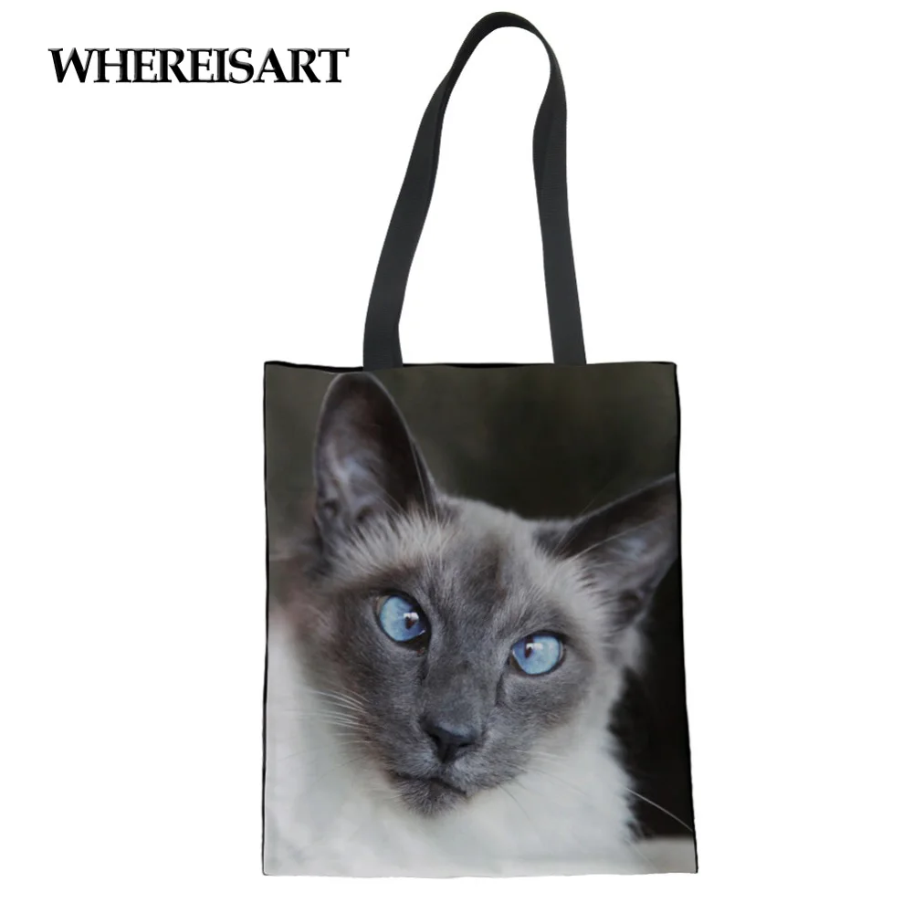

WHEREISART Siamese Cat Print Women Shopping Bag Shoulder Bags Eco-Friendly Shop Handbag Totes Book Bag Best Friend DropShipping