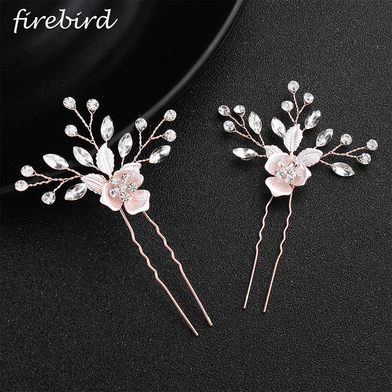 Trendy Rose Gold Color Flower Leaf Crystal Wedding Hairpin Clip Hair