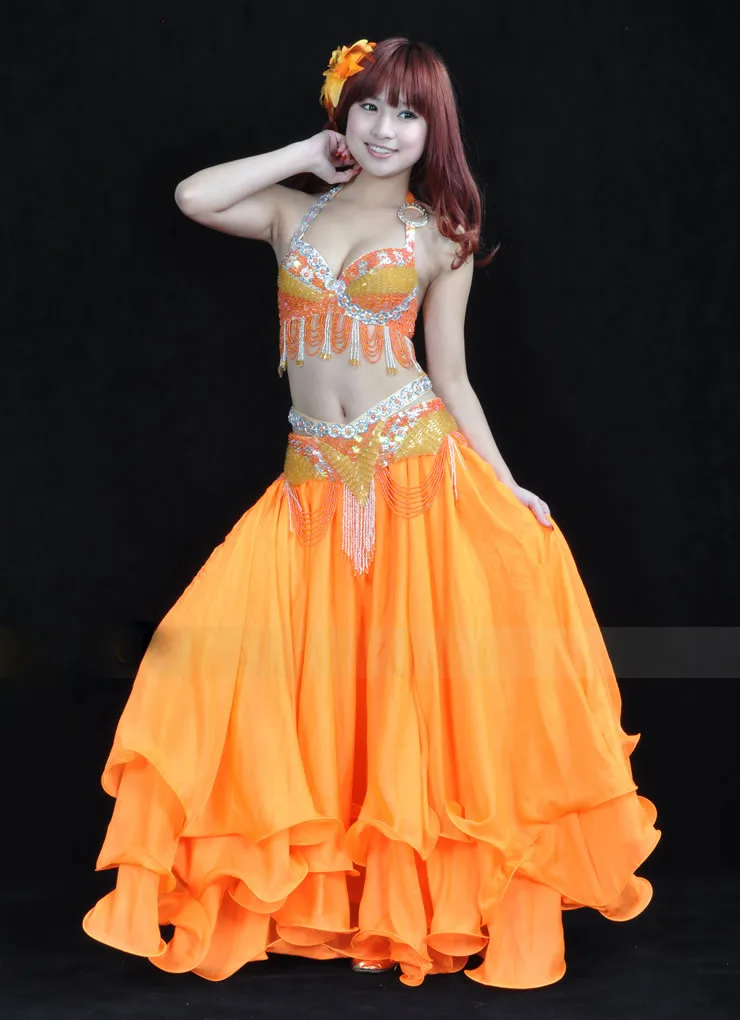 Женская танцевальная одежда 3 шт. танец живота костюм хип шарф топ бар 34B/C юбка 9 цветов костюмы Одежда для выступлений - Цвет: Orange