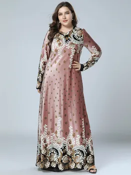 

2019 Spring Autumn Woman Plus Size 4xl Muslim Long Dress Long Sleeve O-neck Floral Embroidered Velvet Loose Long Dress Vestidos